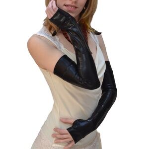 Vinyl Long Fingerless Gloves Black Opera Arm Covers Shiny Wetlook Fetish
